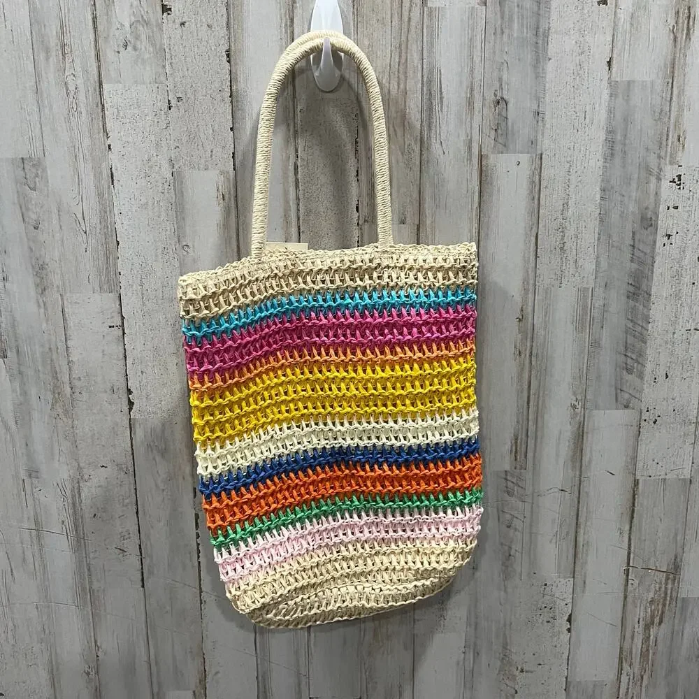 New! Cat & Jack Rainbow Stripe Woven Straw Beach Bag Shoulder